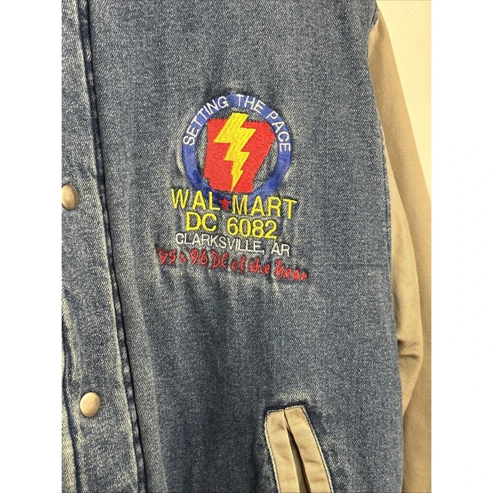 Vintage 90s Canyon Guide Outfitters Wal Mart Varsity Jacket Medium Denim Snap - Picture 2 of 16